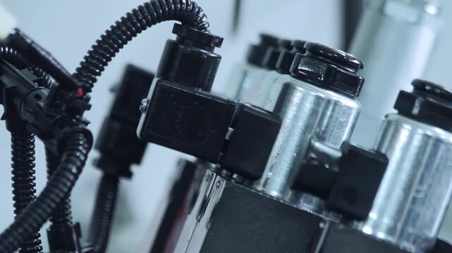 Worker connecting electrical plug solenoid coil. Close up hydraulic valve block.