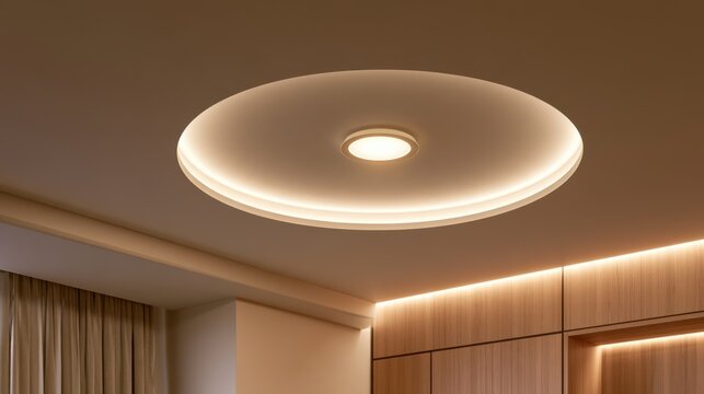 Modern ceiling light fixture glows softly in a stylish, minimalistic room with warm wooden paneling and neutral-colored curtains.