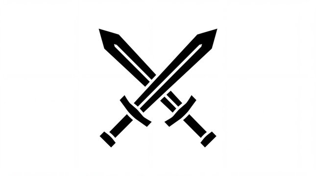 Crossed Swords Icon featuring a minimalist black silhouette of two medieval swords intersecting on a white background, ideal for gaming logos, historical branding, or combat sports graphics.