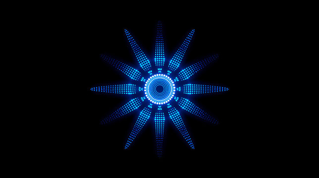 Stunning blue digital starburst pattern with glowing pixelated lights against transparent background