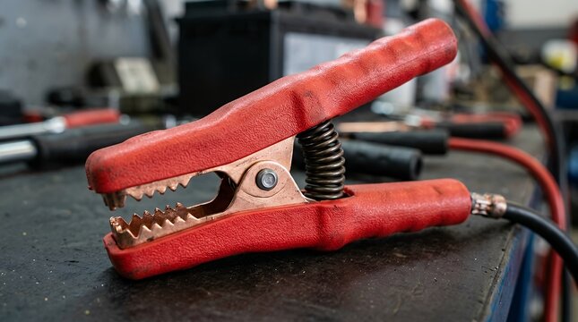 Close up shota bright red insulated booster clamp with a heavy duty metal spring designed for emergency automotive battery jump starting procedures and electrical power transfer in vehicles tech