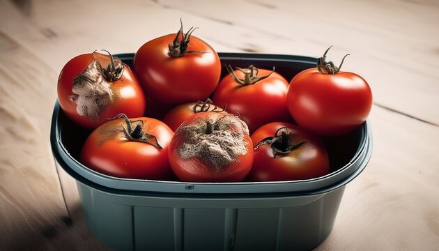 moldy tomatoes in household container representing food waste sustainability and overconsumption concept