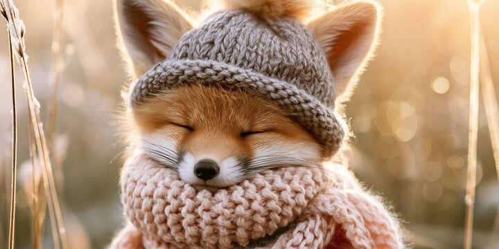 Baby fox wearing a knitted hat and scarf sits in a bright winter landscape. Whimsical wildlife portrait combines snowy charm with playful warmth.