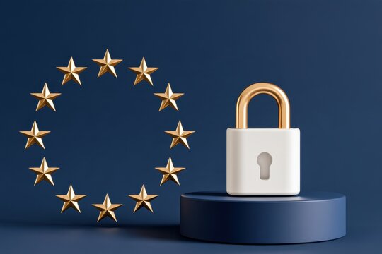 Navy blue background with white padlock, golden shackle, twelve gold stars ring, podium, data protection regulation, gdpr, cybersecurity concept