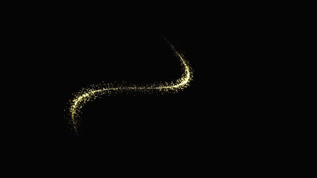 Golden glitter particles swirling in a wave motion on a dark black background
