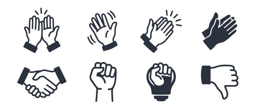 Hand gesture icons for communication and feedback. Human hand symbols isolated on transparent background. Applause, handshake, fist bump, thumbs down, thumbs up, clapping hands. Vector illustration.