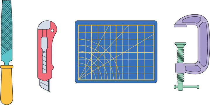 Handicraft and model making workshop tools vector icon set featuring metal file utility knife blue cutting mat and screw clamp