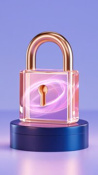 Blue cylindrical pedestal holding transparent glass padlock with rose gold shackle and internal glowing light swirls representing quantum cryptography safety concept