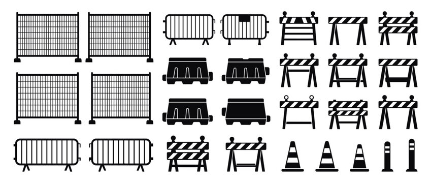 Road construction barriers and signs set. Traffic control icons isolated on transparent background. Barricades, caution tape, traffic cones, warning signs, roadblocks. Vector illustration.