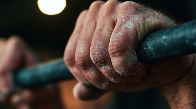 Chalked hands gripping pull - up bar under focused overhead light
