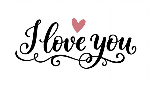 Romantic Hand Lettering I love you text in elegant black cursive script with a pink heart on a white background ideal for Valentine's Day cards and wedding invitations.