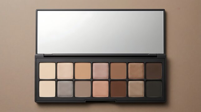 Open makeup eyeshadow palette with twelve rectangular pans of neutral earth tones and a large mirror inside, set against a solid light brown