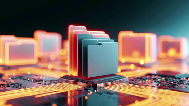 Digital file folder data storage circuit board glowing neon digital file folder icons for secure storage and fast access with teal, coral, blue