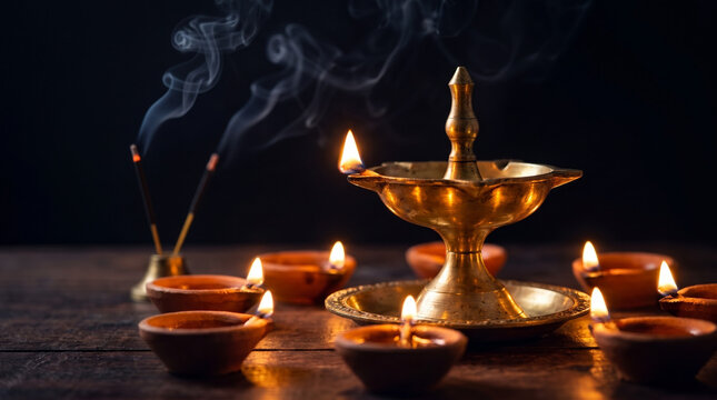Golden Diya Flame Illuminating a Dark Festive Background