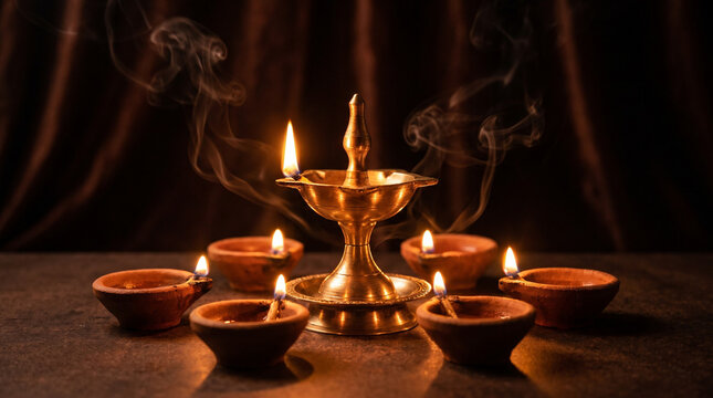 Glowing Brass Oil Lamp Surrounded by Diyas During Diwali