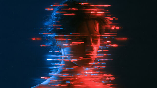 Digital Glitch Portrait: A striking, stylized portrait captures a person's face dissolving into a digital glitch effect with vibrant red and blue hues.