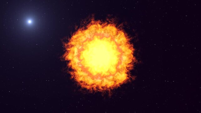 A powerful fireball shines in the vastness of space, reminiscent of a supernova explosion or the birth of a new star. The illustration conveys the grandeur of the universe, cosmic cataclysms, and the 