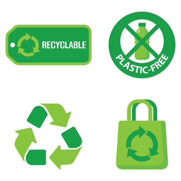 Collection of green environmental symbols for recycling plastic free packaging and sustainable consumption with environment conservation pollution reusable biodegradable