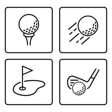 Set of simple black line art golf sport elements isolated on white background with recreation activity equipment grassland competition professional tournament exercise minimalist