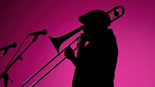 Trombonist playing live on stage in silhouette against a vivid magenta backdrop