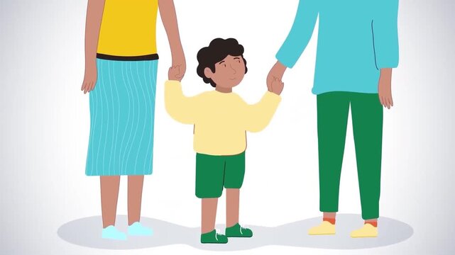 Happy young child holding hands with two parents while walking together in colorful animated illustration scene