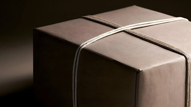 A minimalist brown cardboard box tightly bound with white twine  captured in dramatic side lighting with shallow depth of field