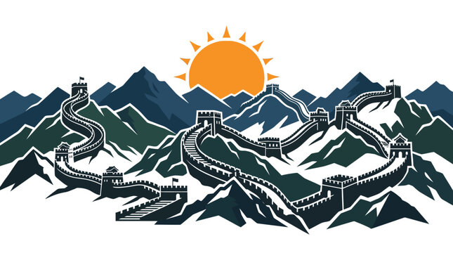 Flat design vector illustration of the Great Wall of China winding through rugged mountain peaks under a bright orange sun, featuring watchtowers and stylized landscape elements.