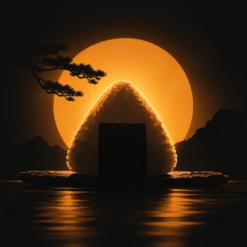 Onigiri rice ball sits centrally against a glowing orange sunset background with dark silhouettes.