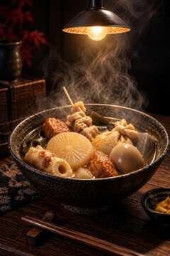 Oden stew simmering in a ceramic bowl under warm pendant lighting with rich steam rising in a rustic kitchen setting.
