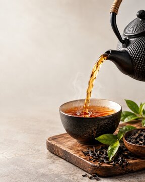 Black cast iron teapot pouring steaming dark amber tea into a textured ceramic cup resting on a rustic wooden board with loose leaves and fresh green sprigs.