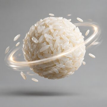 Rice grains orbiting a central sphere like a glowing planet under dramatic studio lighting against a smooth gray background.