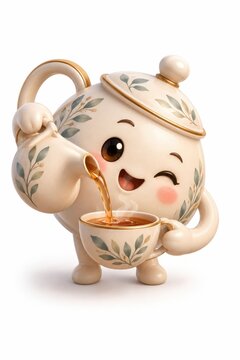 Teapot character pouring hot fragrant tea into a small ceramic cup with vibrant golden lighting against a clean white background.