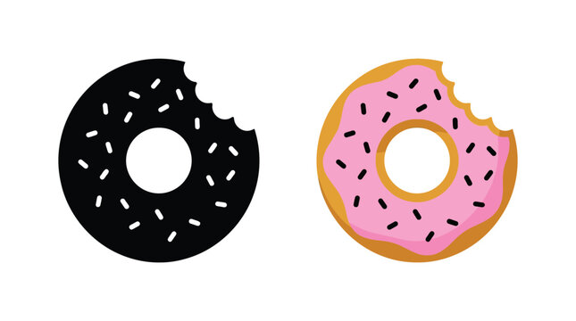 Donut with bite mark shown as a color illustration and silhouette
