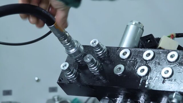 Hydraulic hose plugged oily manifold block closeup. Hands attach quick coupler.
