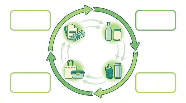 Circular recycling infographic design showing paper glass metal and plastic categories with green arrows for environmental sustainability.