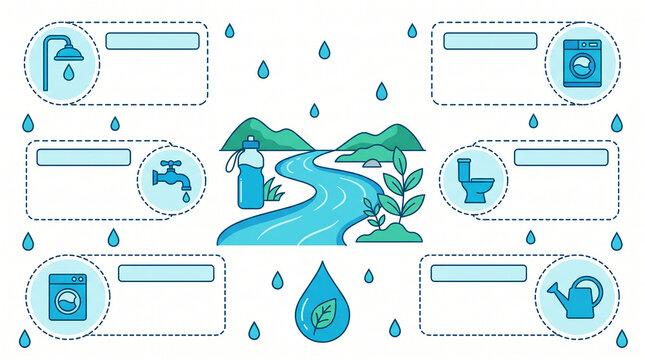 Household water saving practices infographic displaying daily usage icons and water flow for environmental awareness and sustainable lifestyle.