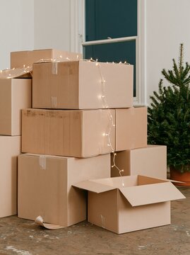 Cardboard boxes stacked in a new home with glowing string lights looping over them, a cozy and hopeful scene for holiday relocation campaigns