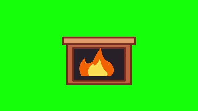 Cozy cartoon fireplace burning bright with orange flames against a vibrant green screen background