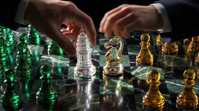 Luxury crystal chess set on marble table with hand making strategic move