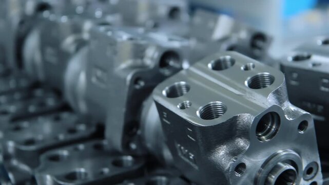 Machined metal castings rows factory close up. Steel valve housings camera pan.