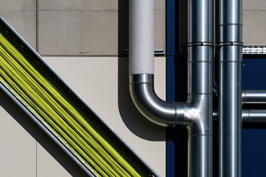 Industrial cable trays with organized electrical wiring and insulated pipes on a concrete wall for engineering and construction projects