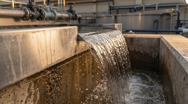 Clear treated water cascading over a stainless steel weir into a concrete collection basin at an industrial wastewater treatment facility