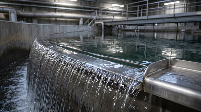 Clear treated water cascading over a circular stainless steel weir from a large clarifier tank inside an industrial water treatment facility