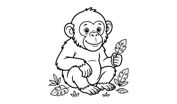 Chimpanzee Line Art Coloring Page with Cute Sitting Monkey for Kids