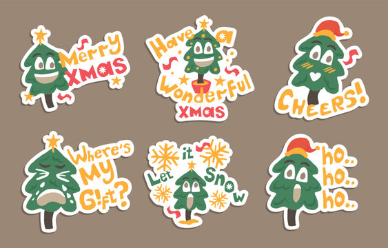 Cute Christmas Tree Character Stickers Set with Diverse Holiday Greetings and Emotional Expressions, Festive Vector Illustration