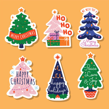 Colorful Christmas Tree Holiday Stickers Vector Illustration Set with Festive Greetings on Orange Background for Seasonal Design