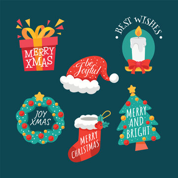 Holiday Vector Illustration Set featuring Festive Elements and Greeting Text, Flat Design on Dark Background for Seasonal Cards and Banners.