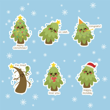 Cute Christmas tree sticker set with funny expressions and holiday greetings on blue snowflake background