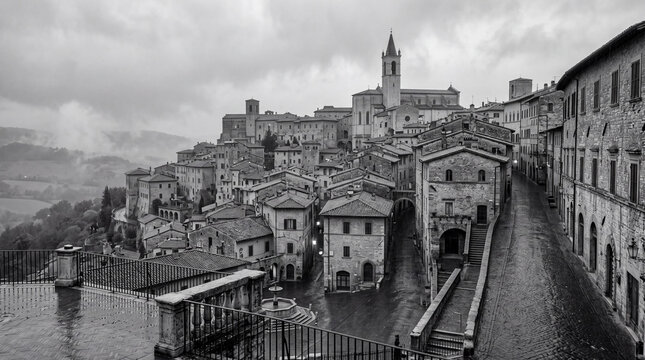 Stone buildings and a church tower rise above a hillside town on a cloudy day