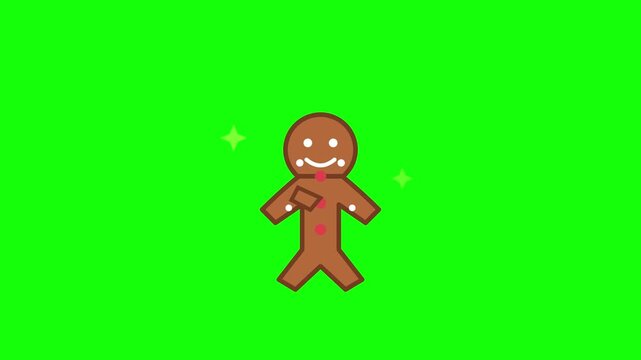 Cute gingerbread man character dancing happily against a bright green screen background